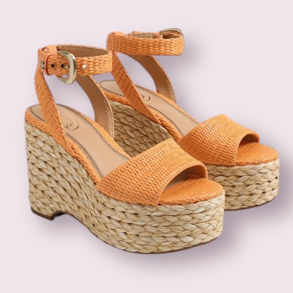Sam Edelman April Platform Wedge Espadrille Sandal in Mari Gold Raffia